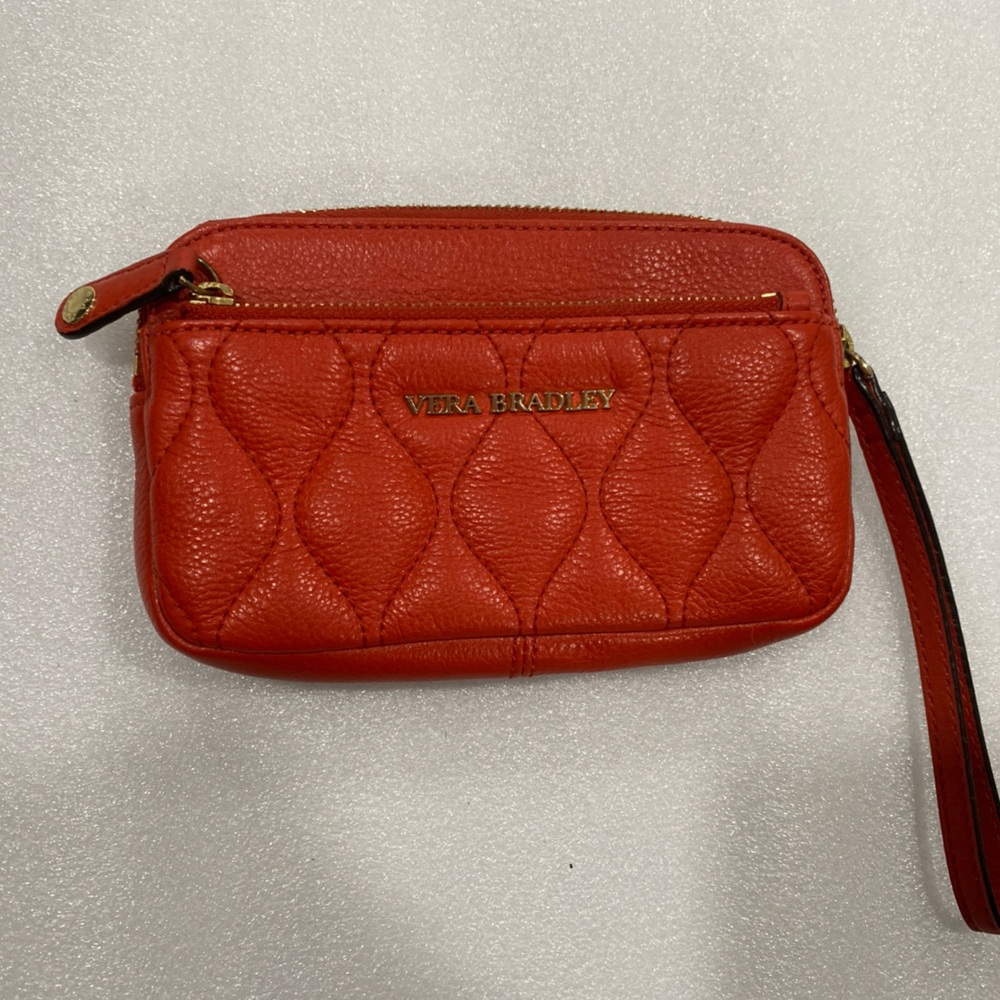 Vera Bradley Quilted Sophia Leather Wristlet Orange Zip Lined Card Slots EUC